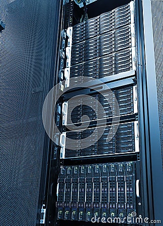 Array disk storage in data center with depth of field in cool tone Stock Photo
