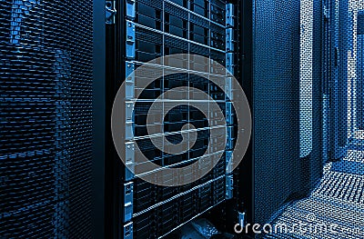 Array disk storage in data center with depth of field in cool tone Stock Photo