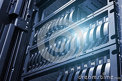 Array disk storage in data center with depth of field in cool tone with ligh Stock Photo