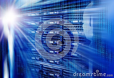 Array disk storage in data center with light effects and rays Stock Photo