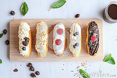 An array of eclairs with inventive fillings and toppings, emphasizing modern and diverse flavor blends, Generated AI Stock Photo