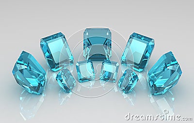 Array of emerald cut blue aquamarine stones Stock Photo