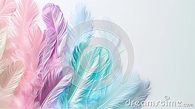 An array of feathers in pastel hues with a holographic touch, arrayed to create a gentle and whimsical backdrop Stock Photo