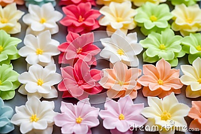 array of fondant flowers ready for cake decorating Stock Photo