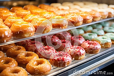 an array of glazed donuts on a glass bakery shelf Stock Photo