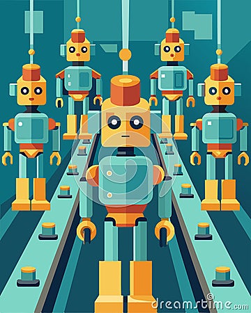 An array of gleaming robots gracefully maneuver around the factory floor carefully arranging the panels into perfectly Vector Illustration