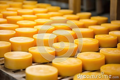 an array of hard cheese wheels under natural light Stock Photo