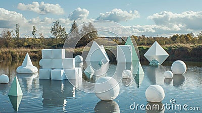 An array of inflatable geometric shapes including cubes spheres and pyramids creating a surreal landscape on the surface Stock Photo