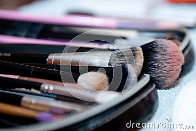 Array of makeup brushes in a variety of styles and shapes on a flat surface Stock Photo