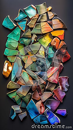 An array of multicolored, fragmented ceramic pieces, artistically arranged on a dark background, resembling shards Cartoon Illustration
