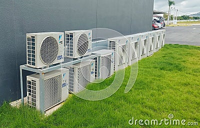 An array of multiple out door air conditioner units Stock Photo