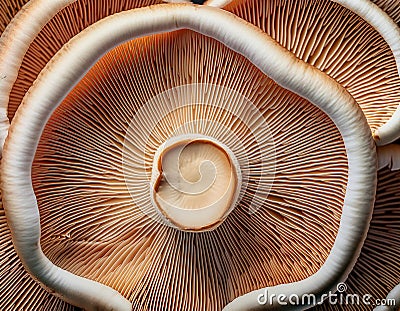 Array of mushroom gills, creating symmetrical patterns in close-up Stock Photo