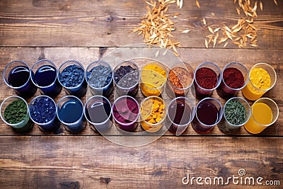 an array of natural dyes on wooden surface Stock Photo