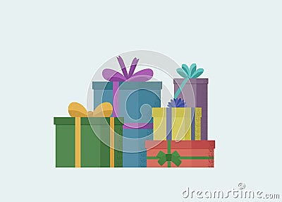 Array of packaged gifts with different bows. Vector flat illustration. Vector Illustration