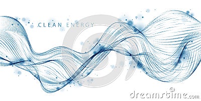 Array of particles flowing, dynamic sound wave. 3d vector illustration. Mesh round dots. Vector Illustration
