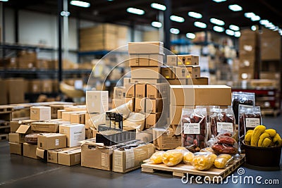 An array of perfectly packaged products ready for distribution in a warehouse. Generative Ai Stock Photo