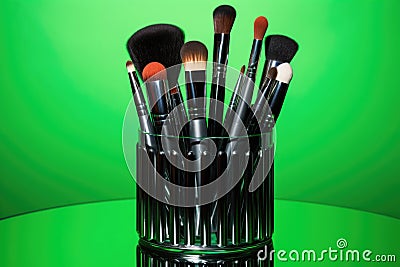 array of professional makeup brushes on neon green backdrop Stock Photo