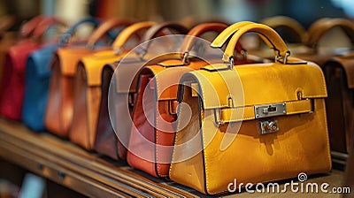 Array of Purses on Wooden Table. Generative AI Stock Photo