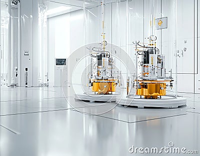 An array of quantum computers enclosed in shield capsules Stock Photo