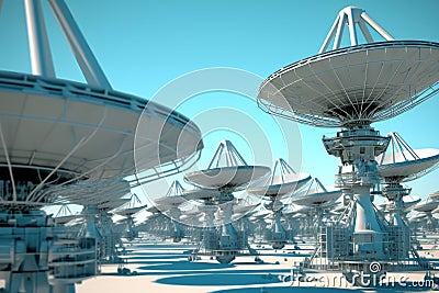 Array of Satellite Dishes Against Blue Sky. Generative AI Stock Photo