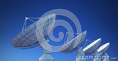 Array of satellite dishes or radio antennas against blue sky. 3D rendered illustration Cartoon Illustration