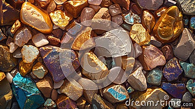 Array of shimmering golden stones illuminated by sunlight texture background image, ai generated Stock Photo