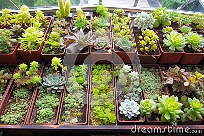 array of succulent plants in an urban rooftop garden Stock Photo