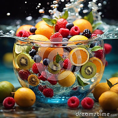 healthy fruits submerging in crystal clear water, representing the perfect balance of natural Stock Photo