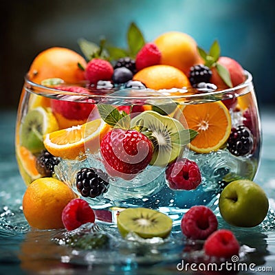 healthy fruits submerging in crystal clear water, representing the perfect balance of natural Stock Photo