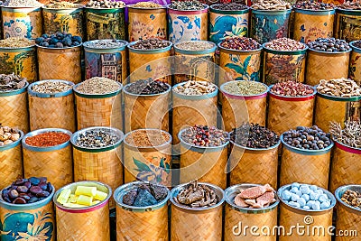 Array of vibrant spices on display Stock Photo