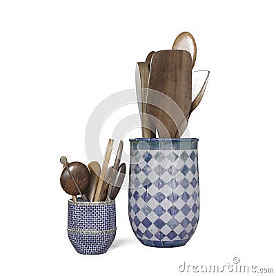 Wooden cooking utensils, such as spoons, forks, and spatulas on a white background, 3D rendered Stock Photo