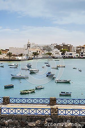 Arrecife quay with historic architecture and boats on blue water, Lanzarote, Canary Islands, Spain Editorial Stock Photo