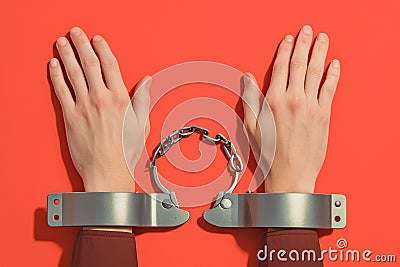 Arrested hands in handcuffs on vibrant red backdrop, law enforcement Stock Photo