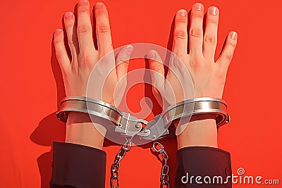 Arrested hands in handcuffs on vibrant red backdrop, law enforcement Stock Photo