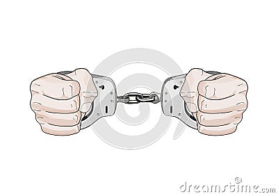 Arrested by police. Hands in cuffs. Freedom restrained in jail. vector graphic illustration isolated Cartoon Illustration