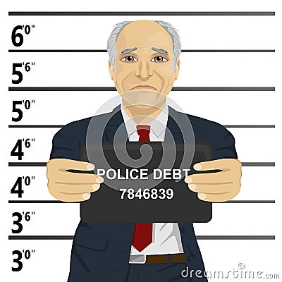 Arrested senior businessman posing for mugshot holding a signboard Vector Illustration