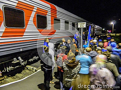 The arrival of the campaign train of the Russian liberal democratic party. Editorial Stock Photo