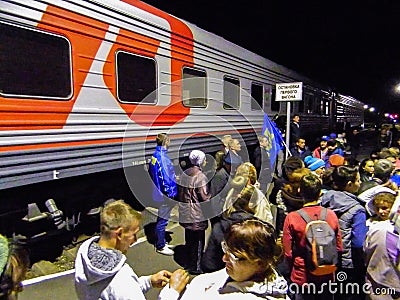 The arrival of the campaign train of the Russian liberal democratic party. Editorial Stock Photo