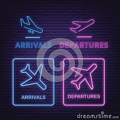 Arrivals and departures collection neon signboard Vector Illustration