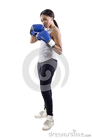 Arrogant Black Female Wearing Boxing Gloves Stock Photo