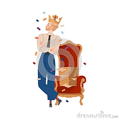 Arrogant businessman in golden crown leaning against throne. Business success and leadership vector illustration Cartoon Illustration