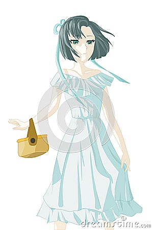 Arrogant girl, used blue white dress, carry a bag, and blue dark short hair Vector Illustration