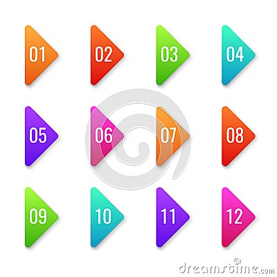 Arrow bullet point. Colorful baler bullets template direction shape markers next number cursor button web set flat Vector Illustration