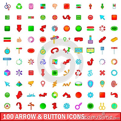 100 arrow and button icons set, cartoon style Vector Illustration