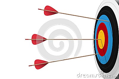 One red arrow hit on center archery board and two missing target in right composition with white background Cartoon Illustration