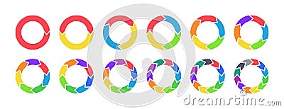 Arrow chart. Circle diagram with arrow. Color infographic piechart with flow repeat. Cycle statistics with step. From 1 to 12 Vector Illustration