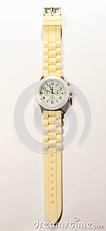 Arrow clock shows almost midnight 12:00 white with gold Stock Photo