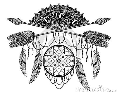 Arrow crossing amulet in ethical and mandala in style tattoo.Black color graphic in white background Cartoon Illustration