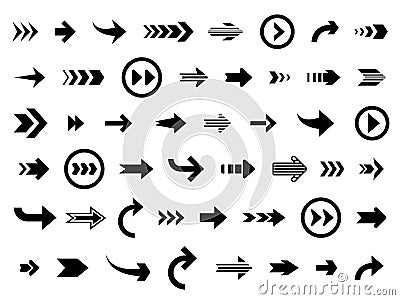 Arrow cursor. Arrows forward backward, direction symbols group. Different up forward ways, black navigation interface Vector Illustration