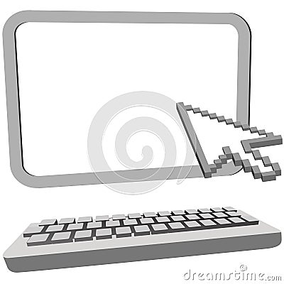 Arrow cursor click on 3D computer monitor keyboard Vector Illustration